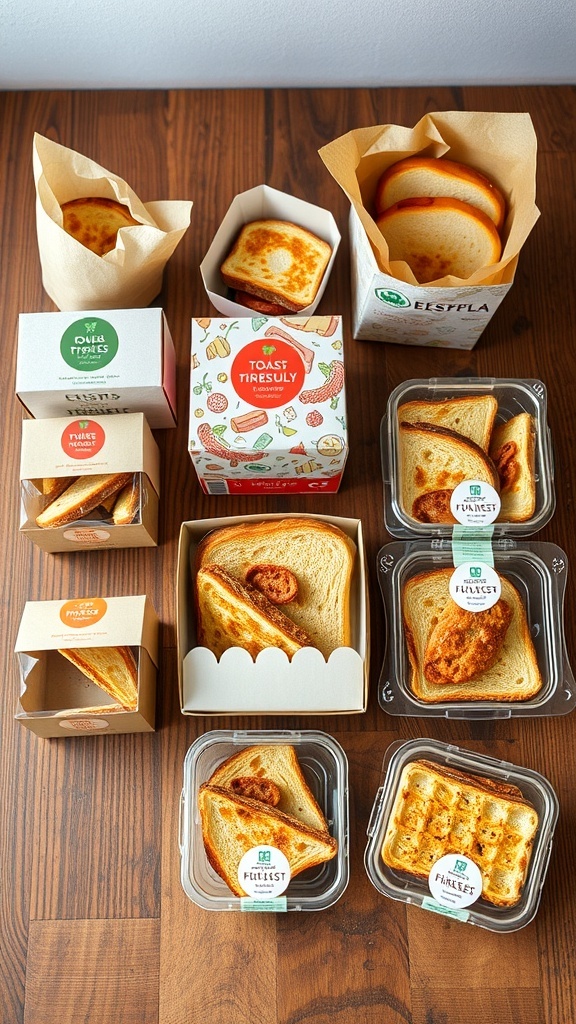 Different types of toast packaging including paper wraps, printed boxes, and containers on a wooden table.